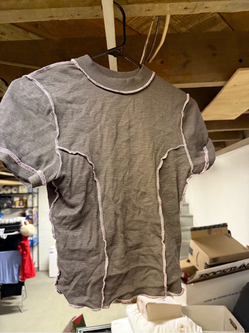 BDG Gray Cropped Seam-Detail Tee with Pink Overlock Stitching
